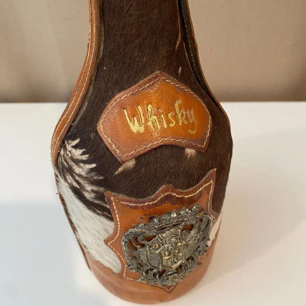 Vintage‎ Leather and Cowhide Wrapped Whiskey Bottle 9.5